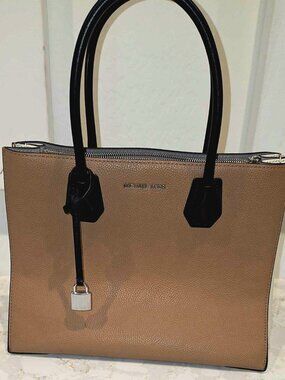 Michael Kors Mercer Pebbled Leather Tote  Satchel Tricolor Tan Cream Black NWOT